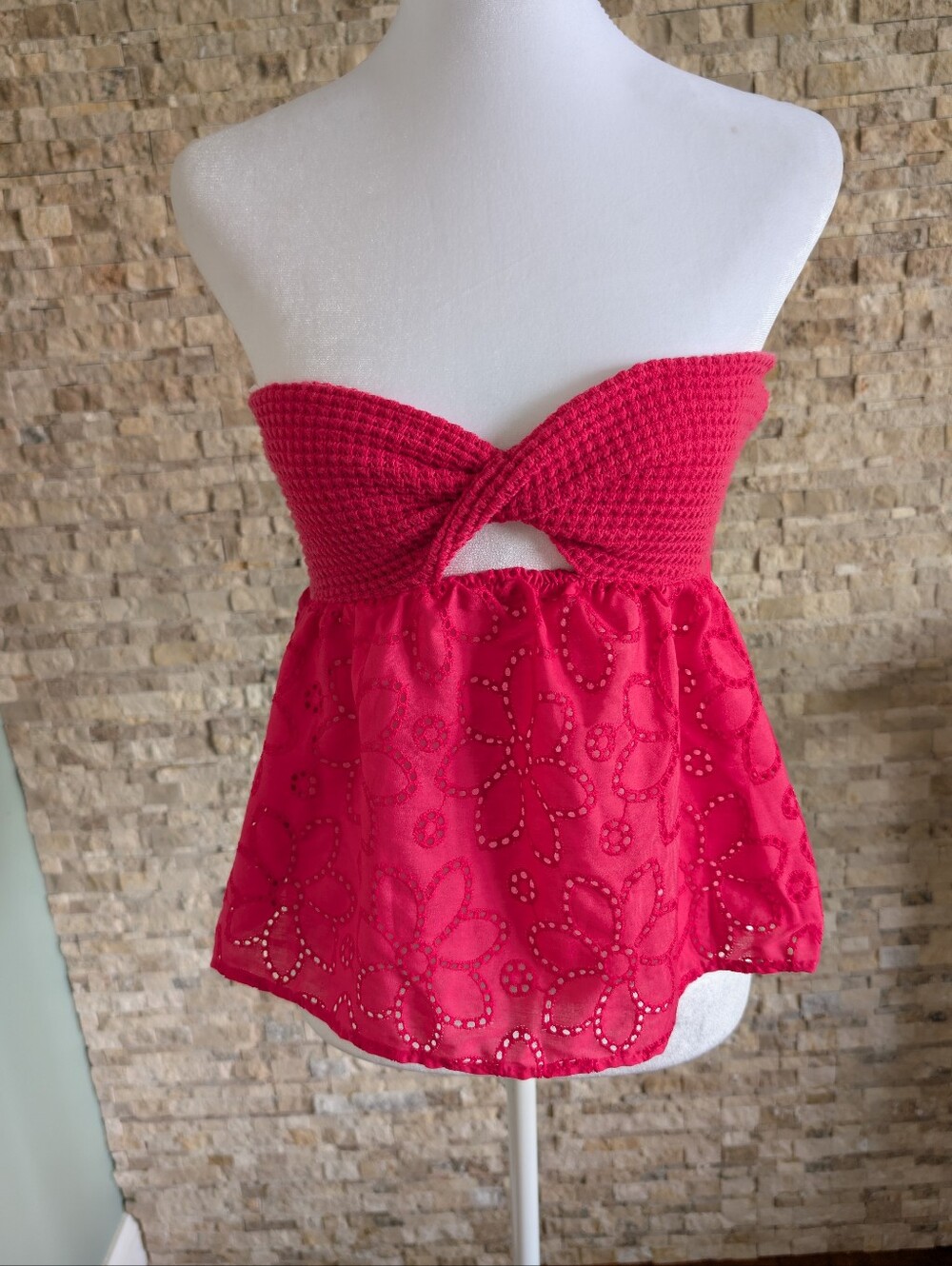 Strapless Eyelet Barbie Pink Embroidery Babydoll Peplum Knit Crop Top Shirt XS